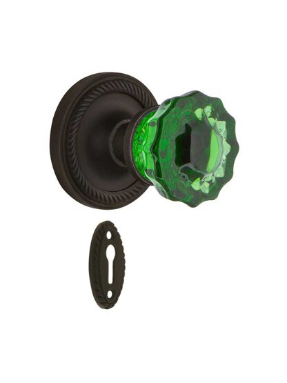 Rope Rosette Mortise Lock Set with Colored Fluted Crystal Glass Knobs Emerald in Oil-Rubbed Bronze.